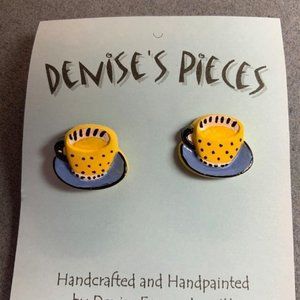Tea Cup Earrings Pierced Plaster Yellow Blue Black Dots Handmade Hand Painted